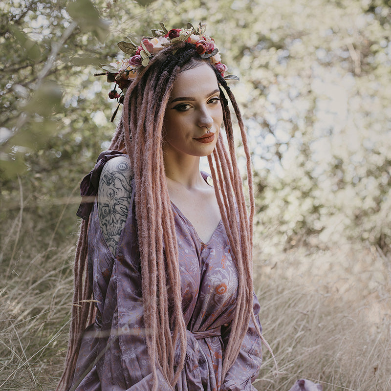 Model wearing high quality dreadlocks from Dreadshop, Locks of Love, Em its Em color