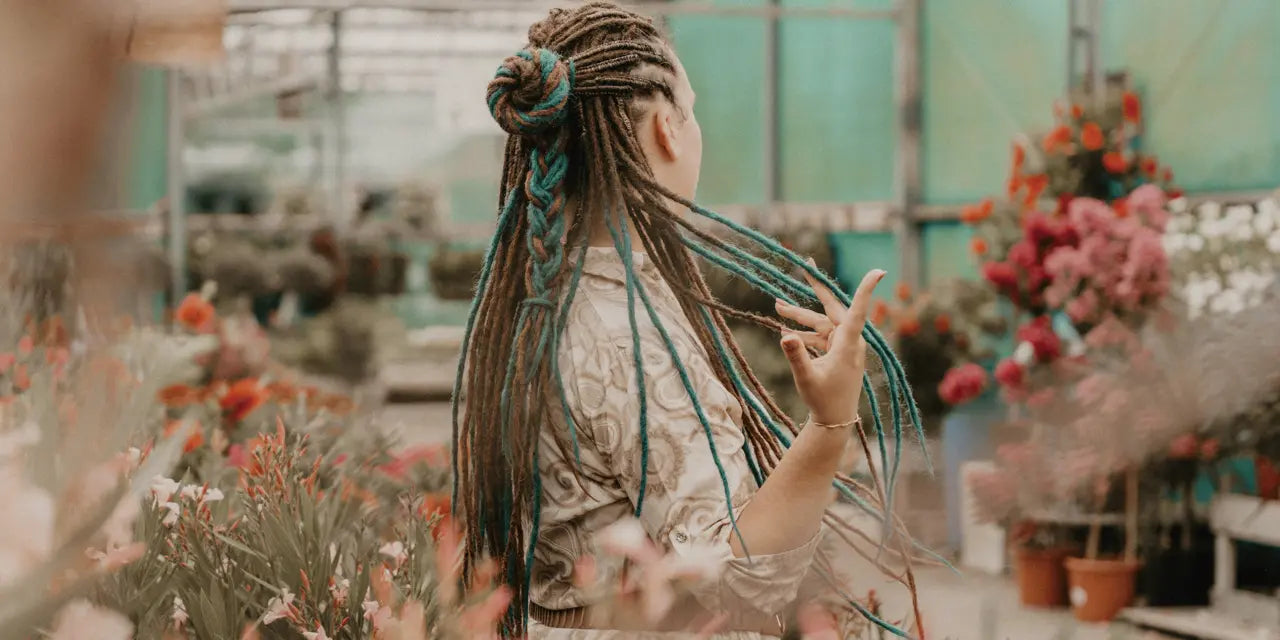Model wearing Wild Ocean ombre dreadlocks form Locks of Love collection by Dreadshop