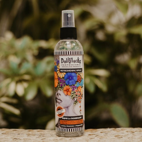 Dollylocks Refreshening Spray for dreadlocks is available at Dreadshop. Perfect between washing your dreads! Scent: Pepe le Rosemary