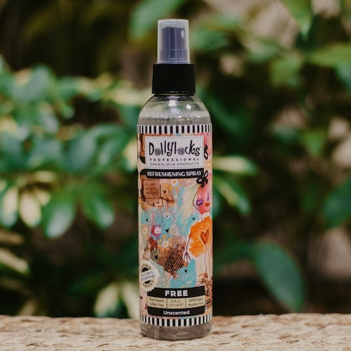 Dollylocks Refreshening Spray for dreadlocks is available at Dreadshop. Perfect between washing your dreads! Scent: Unscented