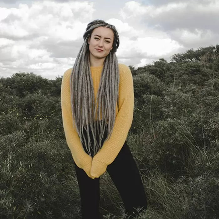 Ilse wearing the dreadset Granda grey in Bum length, Dreadset Locks of Love Shop the look, dreadset full head, Dreadset original locks of love