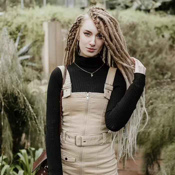Emitsem wearing the dreadset Sand storm in Bum length, Dreadset Locks of Love Shop the look, dreadset full head, Dreadset original locks of love