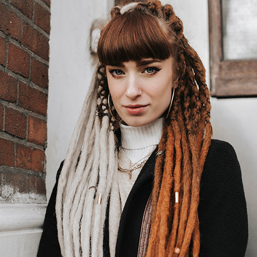 Emitsem wearing the dreadset Split gingerash in Bum length, Dreadset Locks of Love Shop the look, dreadset full head, Dreadset original locks of love