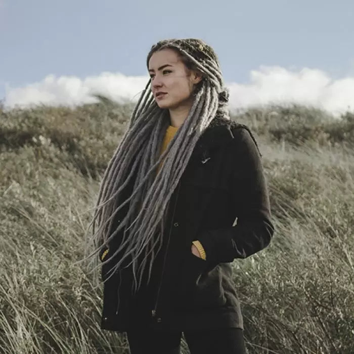 Ilse wearing the dreadset Granda grey in Bum length, Dreadset Locks of Love Shop the look, dreadset full head, Dreadset original locks of love