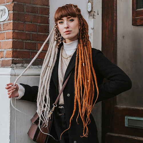 Emitsem wearing the dreadset Split gingerash in Bum length, Dreadset Locks of Love Shop the look, dreadset full head, Dreadset original locks of love