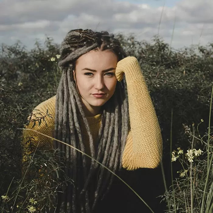 Ilse wearing the dreadset Granda grey in Bum length, Dreadset Locks of Love Shop the look, dreadset full head, Dreadset original locks of love