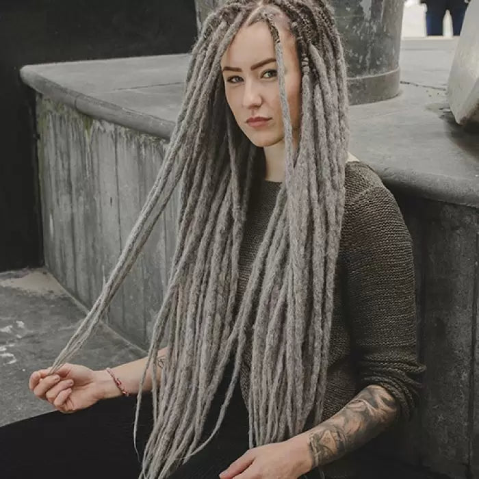 Ilse wearing the dreadset Granda grey in Bum length, Dreadset Locks of Love Shop the look, dreadset full head, Dreadset original locks of love