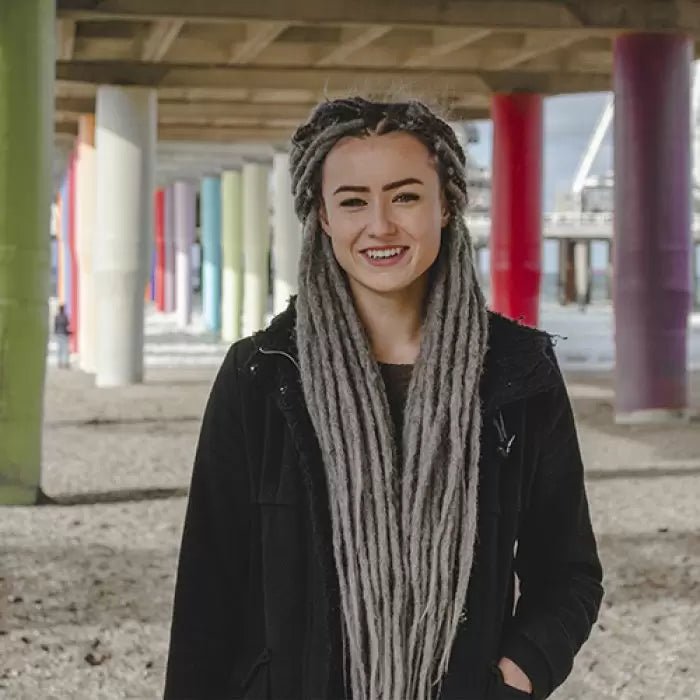 Ilse wearing the dreadset Granda grey in Bum length, Dreadset Locks of Love Shop the look, dreadset full head, Dreadset original locks of love