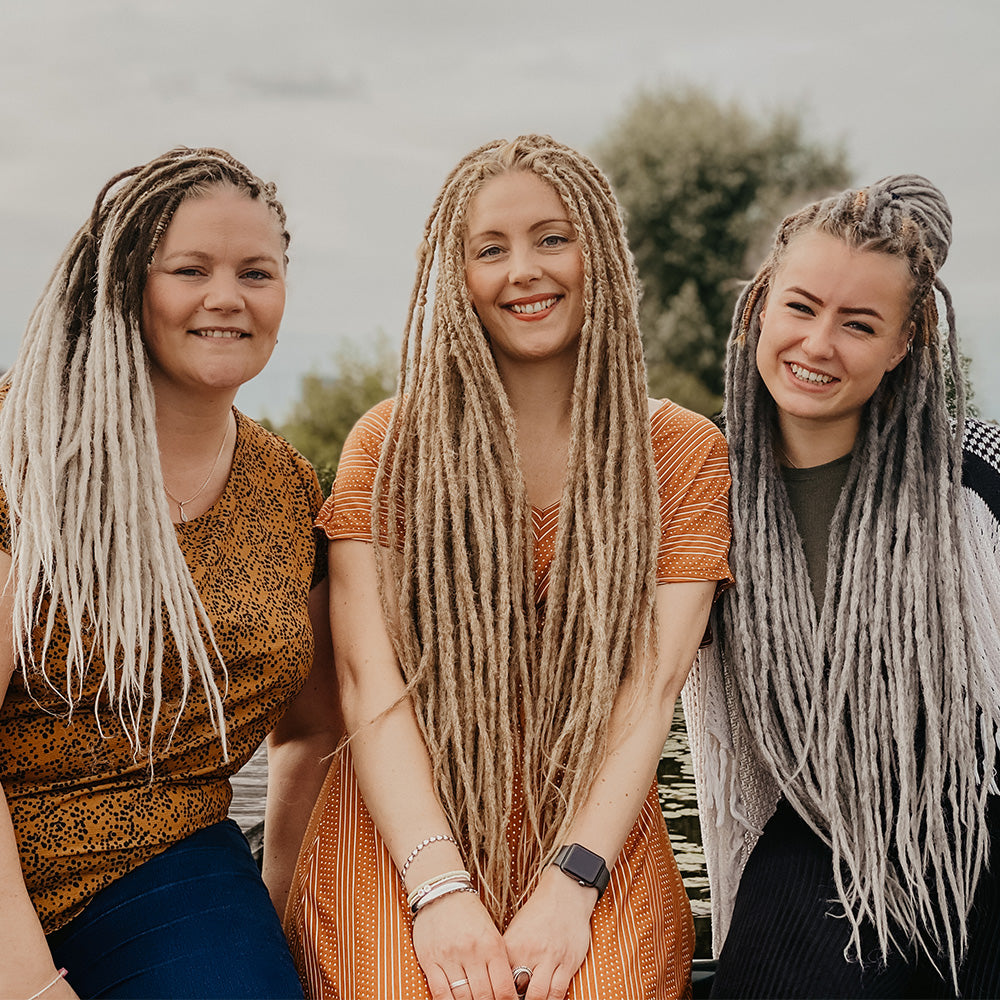 3 models wearing the Thin Renate's Locks of Love, Full head, Shop the look, plain dreads, loose bundles