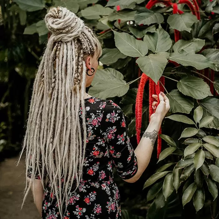 Diane wearing the Dreadset Ash blonde Back length Locks of Love Shop the look, dreadset full head, Dreadset original locks of love