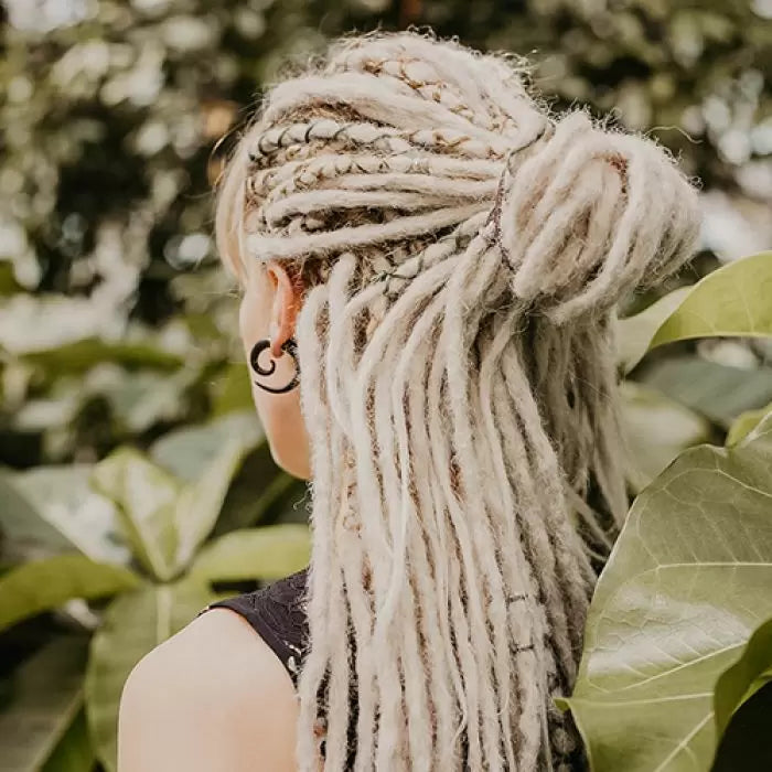 Diane wearing the Dreadset Ash blonde Back length Locks of Love Shop the look, dreadset full head, Dreadset original locks of love