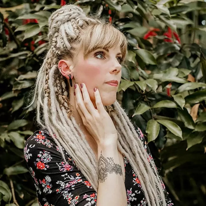 Diane wearing the Dreadset Ash blonde Back length Locks of Love Shop the look, dreadset full head, Dreadset original locks of love