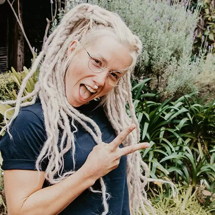 Our model is wearing the dreadset Ash blonde Bum length Locks of Love Shop the look, dreadset full head, Dreadset original locks of love