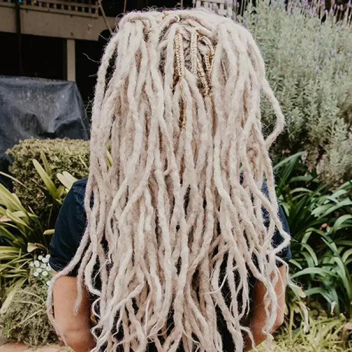 Our model is wearing the dreadset Ash blonde Bum length Locks of Love Shop the look, dreadset full head, Dreadset original locks of love