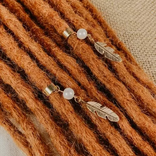 Set boho feather beads around ginger dreads, Accessories, Golden beads