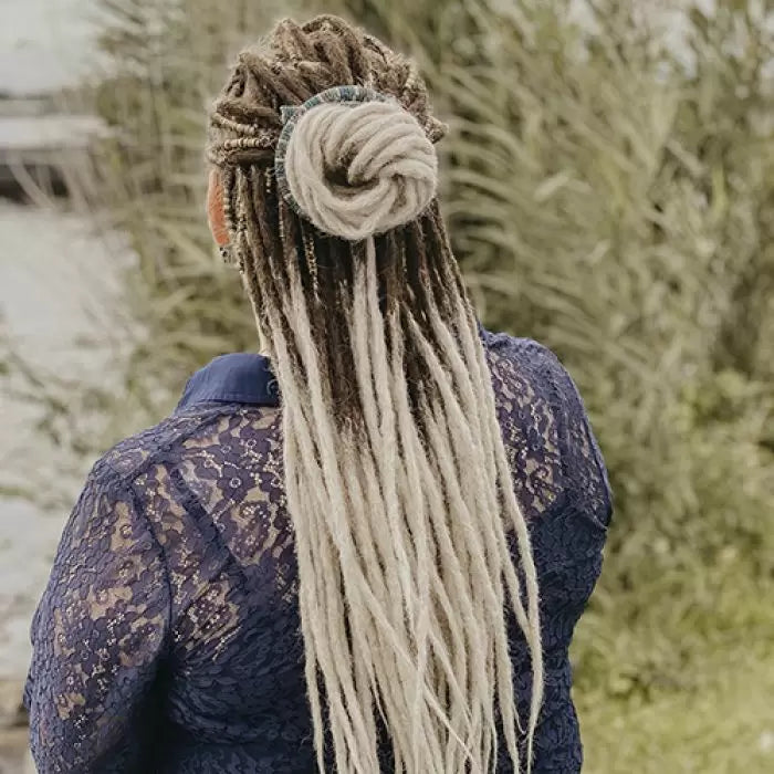 Danielle wearing the dreadset Thin Chocolate swirl  in Back  length, Dreadset Locks of Love Shop the look, dreadset full head, Dreadset thin locks of love