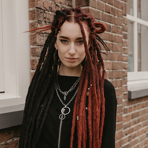 Emitsem wearing the dreadset Split midnight maroon in Bum length, Dreadset Locks of Love Shop the look, dreadset full head, Dreadset original locks of love