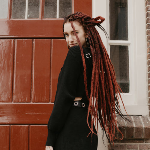 Emitsem wearing the dreadset Split midnight maroon in Bum length, Dreadset Locks of Love Shop the look, dreadset full head, Dreadset original locks of love