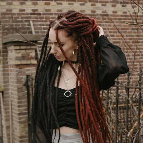 Emitsem wearing the dreadset Split midnight maroon in Bum length, Dreadset Locks of Love Shop the look, dreadset full head, Dreadset original locks of love
