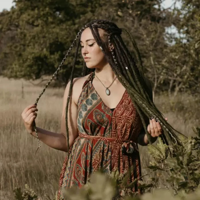 Romy in the forest wearing the dreadset Mossy in Bum length, Dreadset Locks of Love Shop the look, dreadset full head, Dreadset original locks of love