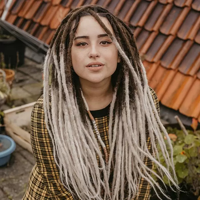 Romy wearing the dreadset Chocolate swirl in Back length, Locks of Love Shop the look, dreadset full head, Dreadset original locks of love
