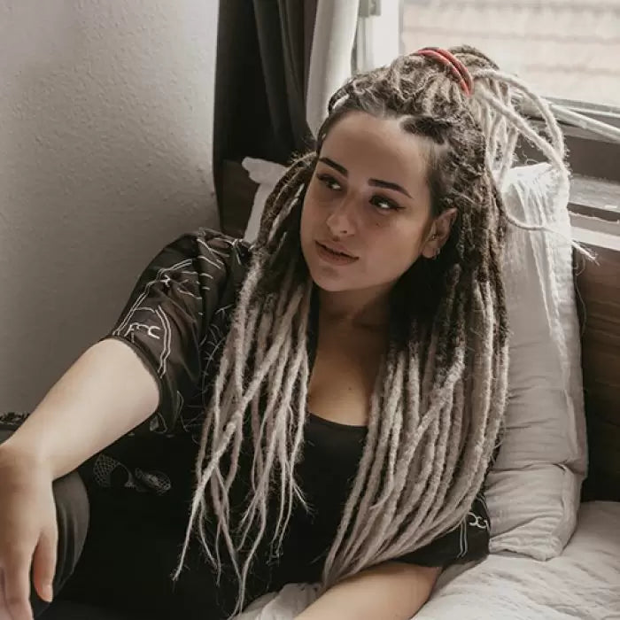 Romy wearing the dreadset Chocolate swirl in Back length, Locks of Love Shop the look, dreadset full head, Dreadset original locks of love