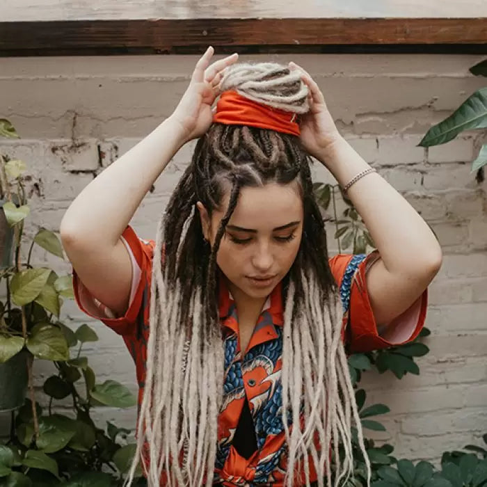 Romy wearing the dreadset Chocolate swirl in Back length, Locks of Love Shop the look, dreadset full head, Dreadset original locks of love