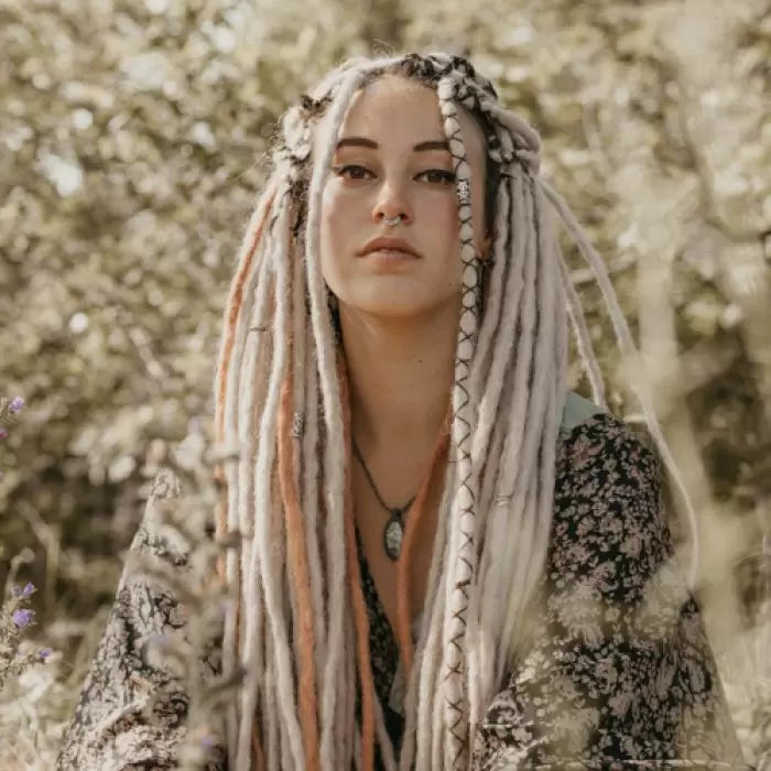 Romy wearing the dreadset Hidden rusty in Bum length, Dreadset Locks of Love Shop the look, dreadset full head, Dreadset original locks of love