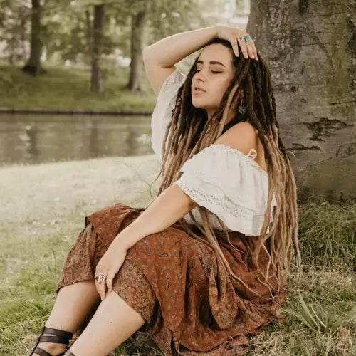 Romy wearing the dreadset Caramel twist bum length Dreadset Locks of Love Shop the look, dreadset full head