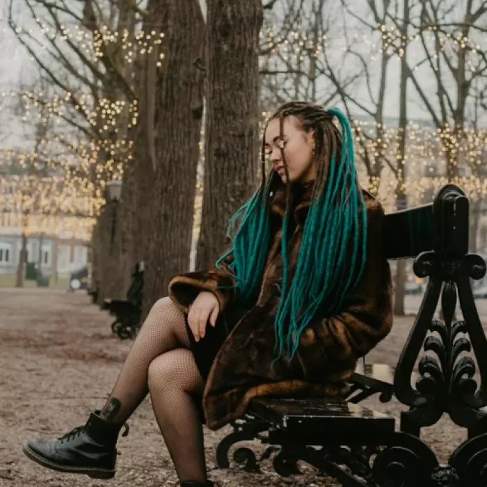 Romy wearing the dreadset Wild ocean in Bum length, Dreadset Locks of Love Shop the look, dreadset full head, Dreadset original locks of love