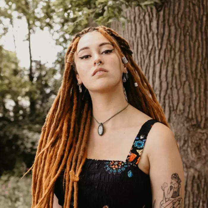 Romy wearing the dreadset Go ginger in Bum length, Dreadset Locks of Love Shop the look, dreadset full head, Dreadset original locks of love