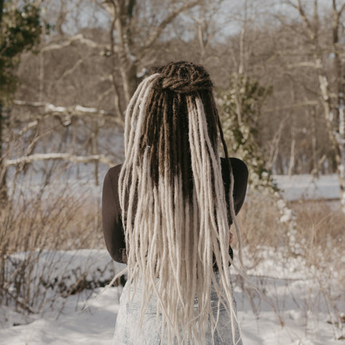 Romy wearing the dreadset Chocolate swirl in Bum length, Locks of Love Shop the look, dreadset full head, Dreadset original locks of love