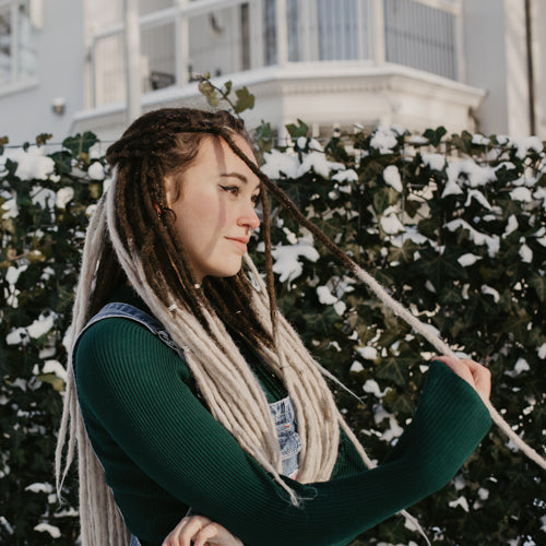 Romy wearing the dreadset Chocolate swirl in Bum length, Locks of Love Shop the look, dreadset full head, Dreadset original locks of love