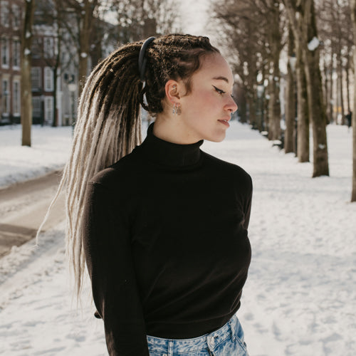 Romy wearing the dreadset Chocolate swirl in Bum length, Locks of Love Shop the look, dreadset full head, Dreadset original locks of love