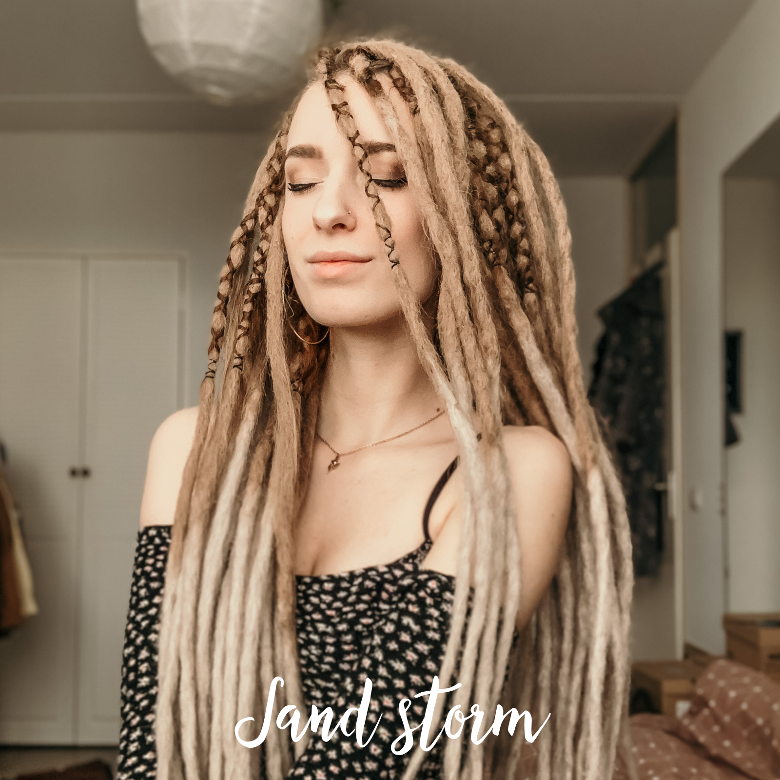 Emitsem wearing her set of Sand storm, Indication for the color, Thin Locks of Love, Shop the look, plain dreads, loose bundles