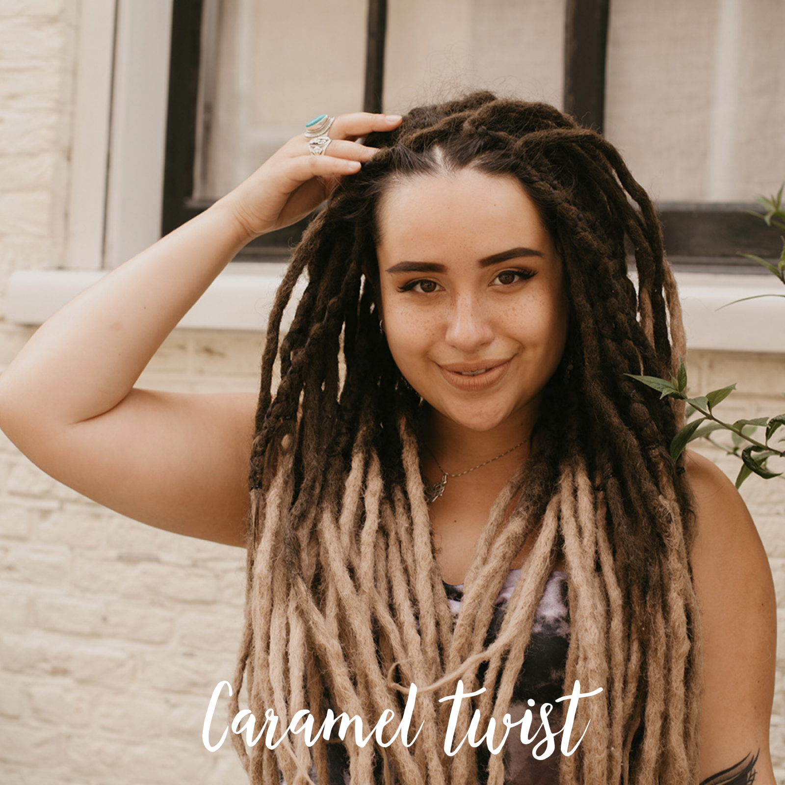 Romy wearing her set of Caramel twist, Indication for the color, Thin Locks of Love, Shop the look, plain dreads, loose bundles