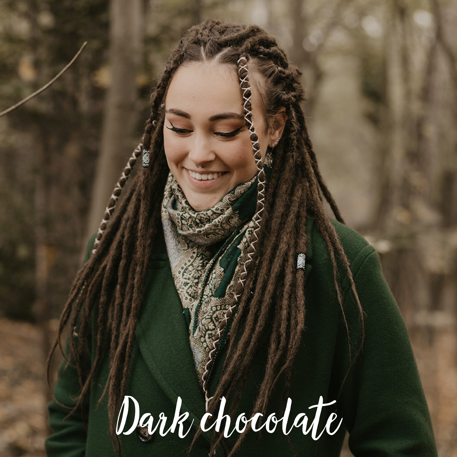 Romy wearing her set of Dark chocolate Indication for the color, Thin Locks of Love, Shop the look, plain dreads, loose bundles