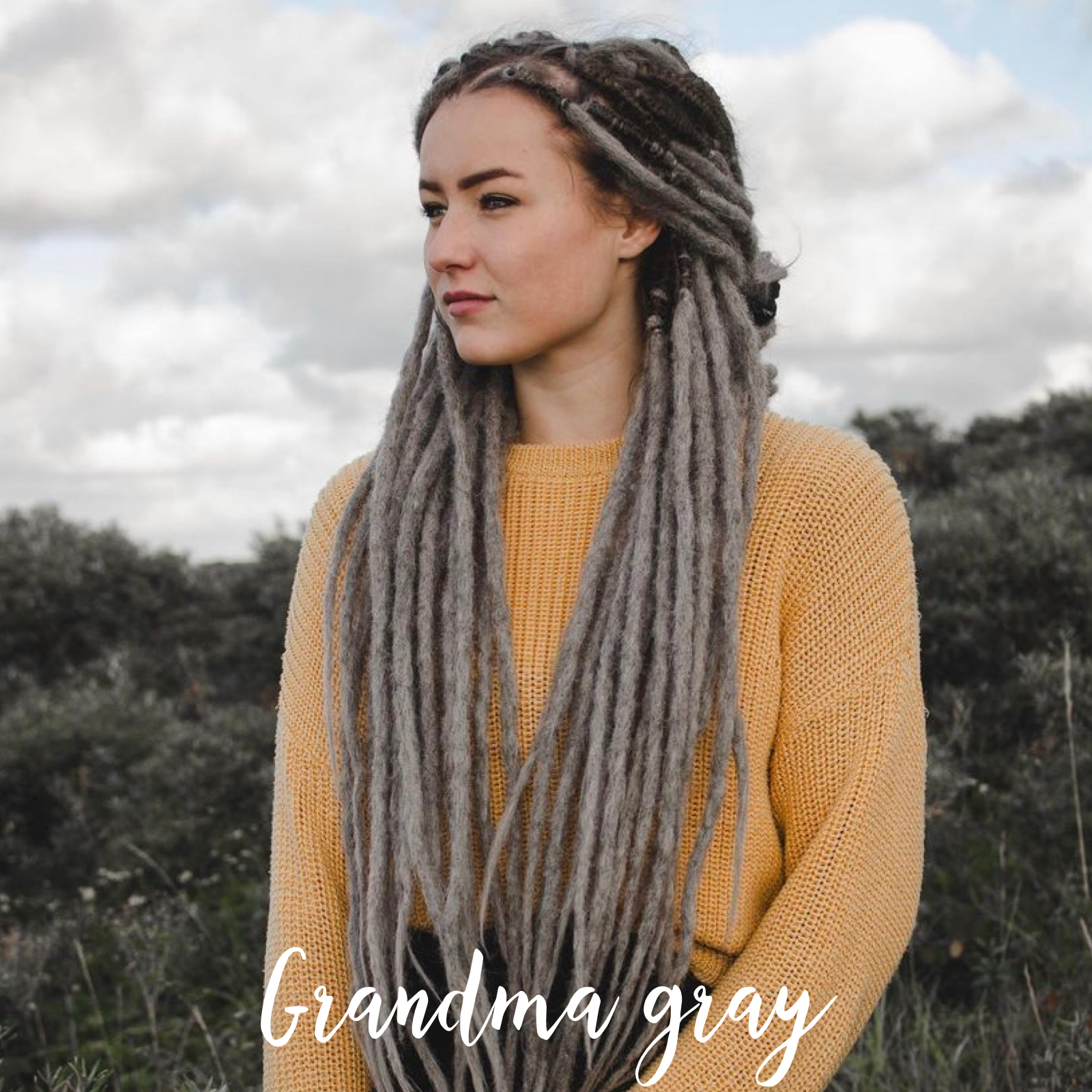 Ilse wearing her set of Grandma Gray Locks of Love, Shop the look, plain dreads, loose bundles