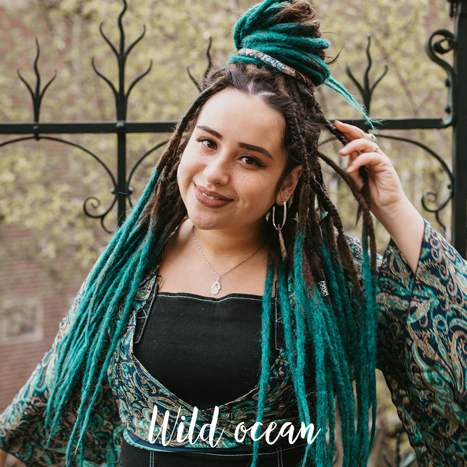 Romy wearing her set of Wild ocean Locks of Love, Shop the look, plain dreads, loose bundles