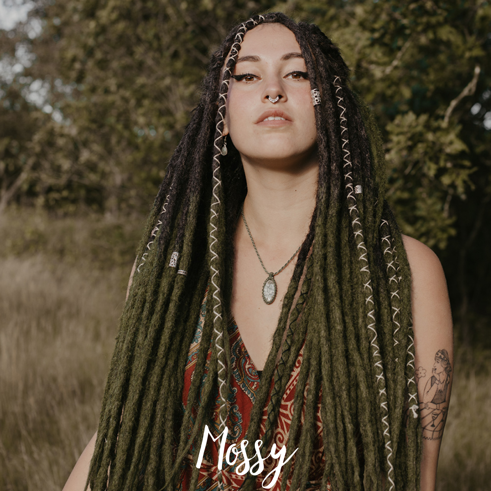 Romy wearing her set of Mossy Locks of Love, Shop the look, plain dreads, loose bundles