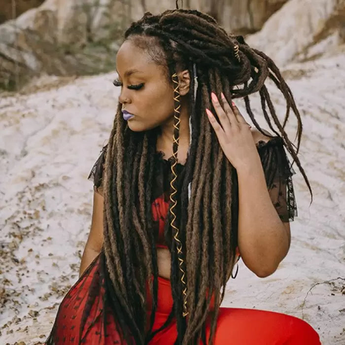 Mykel is wearing the dreadset Bittersweet Chocolate Bum length Locks of Love Shop the look, dreadset full head, Dreadset original locks of love