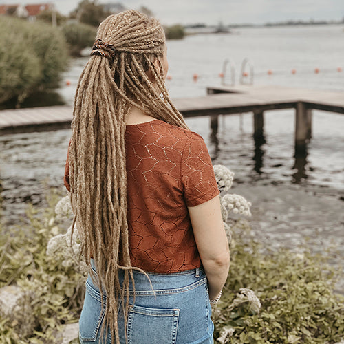 Renate wearing the dreadset Thin Dark blonde in Bum length, Dreadset Locks of Love Shop the look, dreadset full head, Dreadset thin locks of love