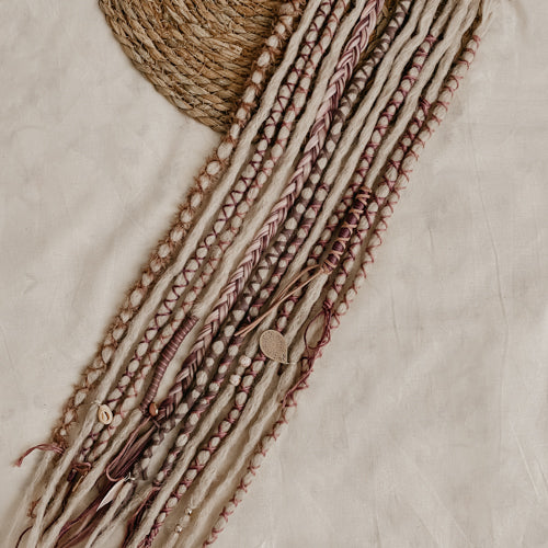 Decorated Dreadlock Extensions: ash blonde, white purple, plum decorations. Accent Set from Dreadshop. 