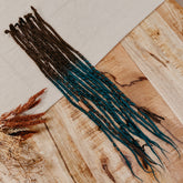 Blue turquoise brown Decorated Set of Dreadlock Extensions. Great for Partial style or to be added to real Dreads. Picture is showing the whole set with close up on decorations, beads and yarn in brown tones.