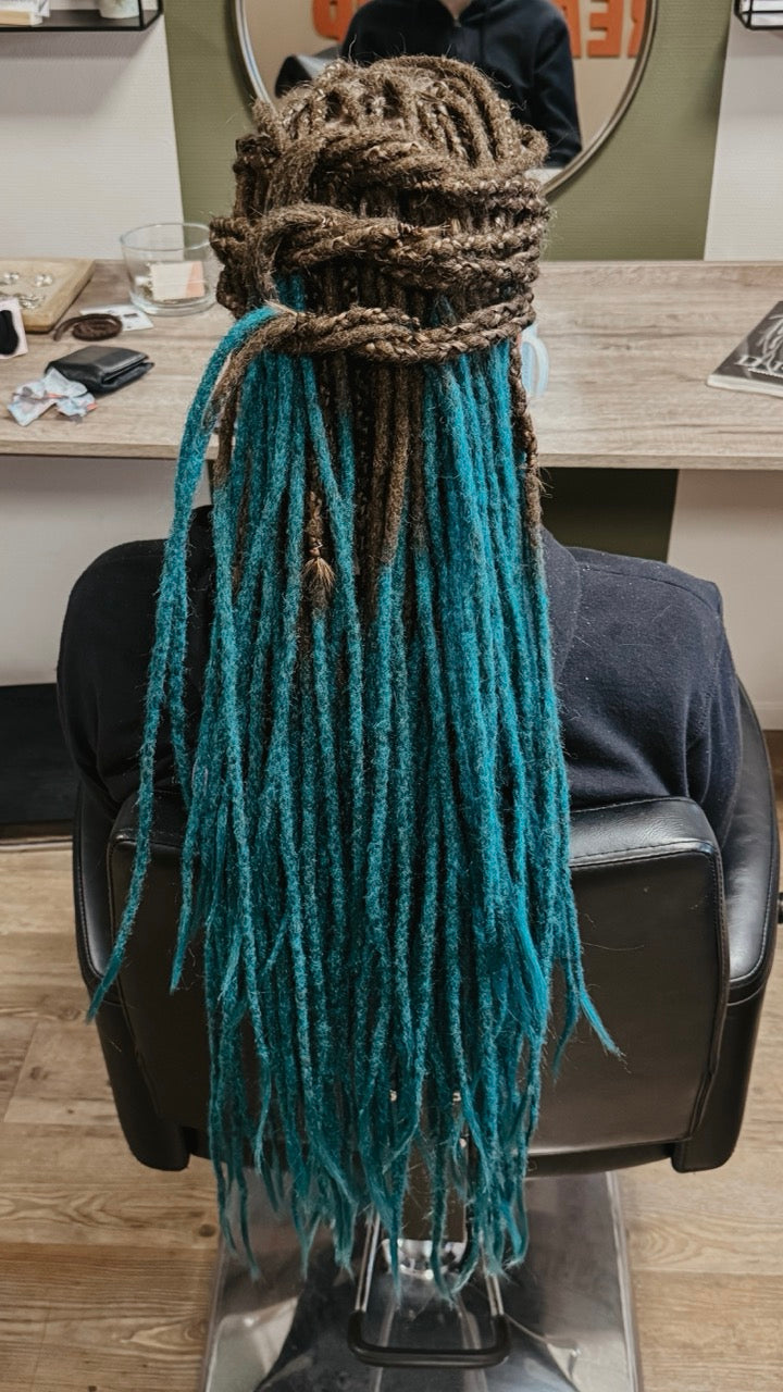 Dreadlock Extensions for a full head. Dreadshop Salon customer. Teal and Brown Dreadlocks