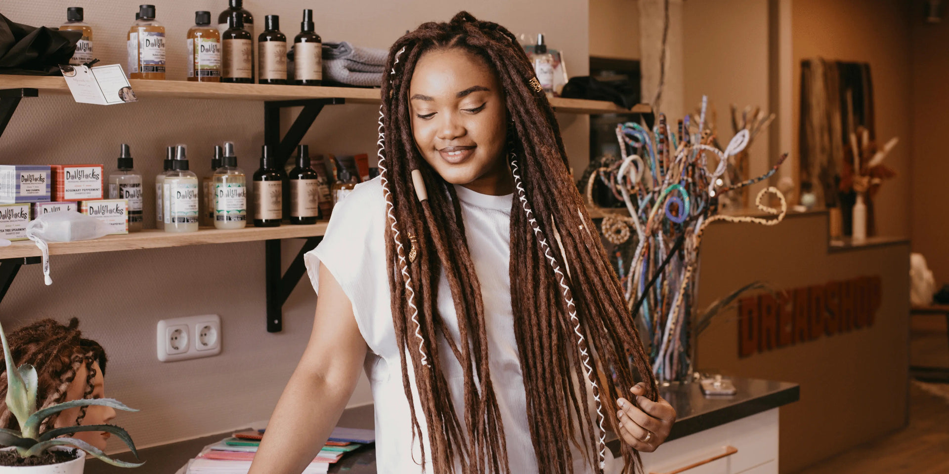 Model wearing Oaky dreadlocks form Locks of Love collection by Dreadshop