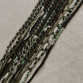 Decorated Dreadlock Extensions: black and green mix, ombre dreads with decorations. Accent Set from Dreadshop. 
