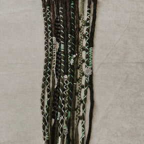Decorated Dreadlock Extensions: black and mossy mix, ombre dreads with decorations. Accent Set from Dreadshop. 