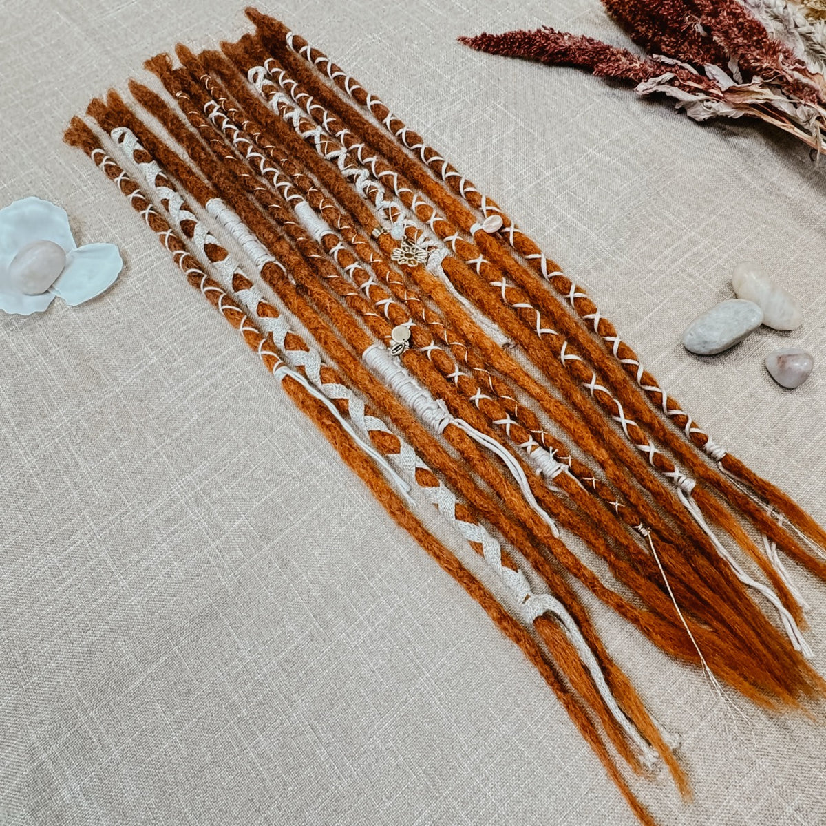 Decorated Dreadlock Extensions: ginger ombre dreads with decorations. Accent Set from Dreadshop. 