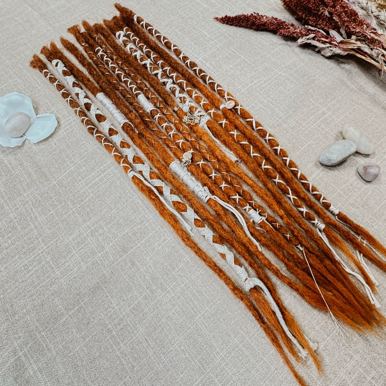 Decorated Dreadlock Extensions: ginger ombre dreads with decorations. Accent Set from Dreadshop. 